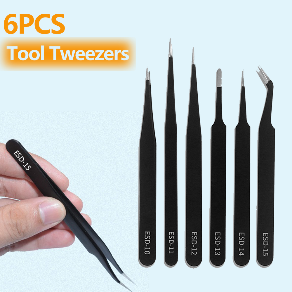 Electronics Repair Tool Kit - 6pcs Precision Tweezers Set ESD Anti-Static