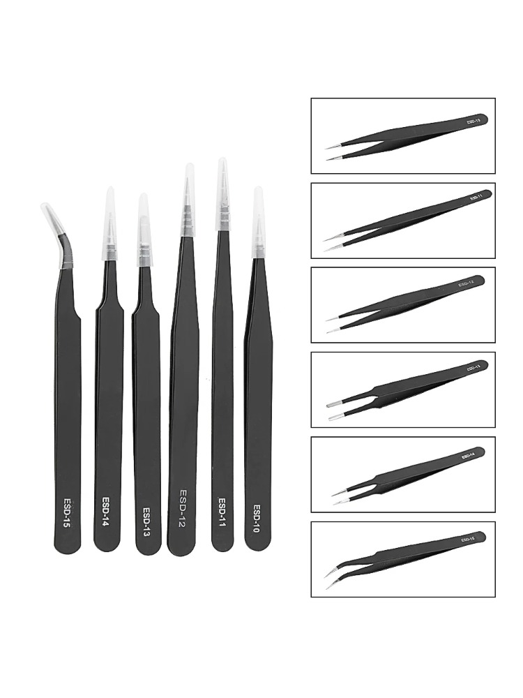 Electronics Repair Tool Kit - 6pcs Precision Tweezers Set ESD Anti-Static